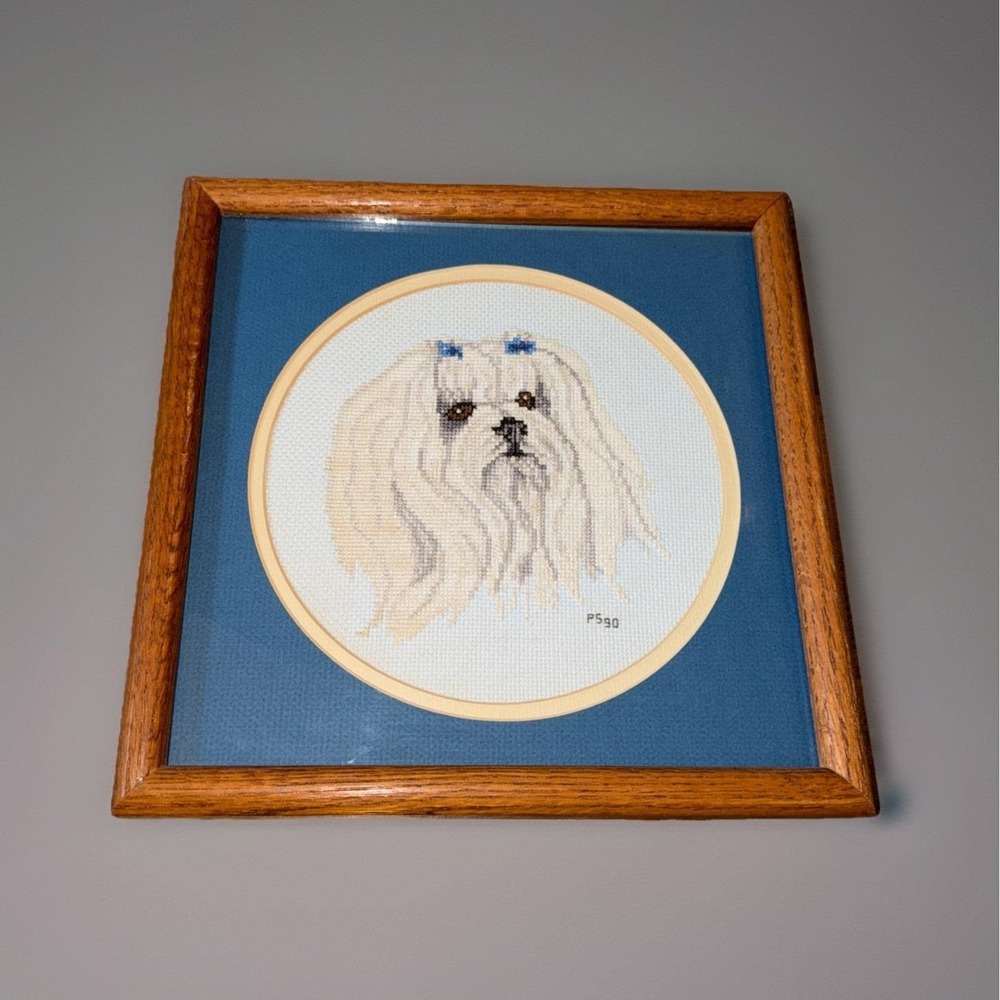 Vtg Framed Maltese Dog Needlepoint Cross Stitch Wall Art Handmade Pet Portrait - Picture 2 of 5